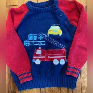 Little Boys' Red and Blue Sweater with Vehicle Embroidery